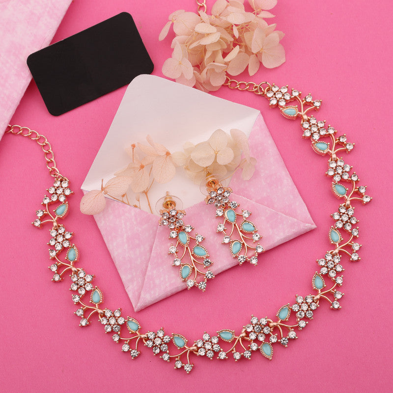 Tehzeeb Creations Rose Gold Pleated White Diamond With Sky Blue Beads Necklace Set
