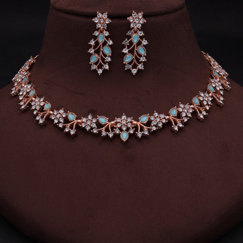 Tehzeeb Creations Rose Gold Pleated White Diamond With Sky Blue Beads Necklace Set