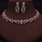 Tehzeeb Creations Rose Gold Pleated White Diamond With Sky Blue Beads Necklace Set