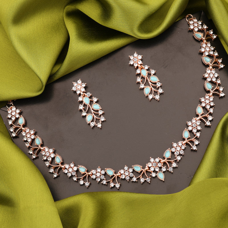 Tehzeeb Creations Rose Gold Pleated White Diamond With Sky Blue Beads Necklace Set