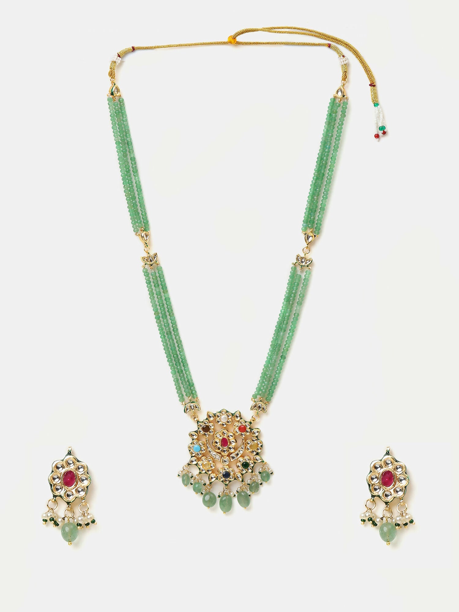Ruby Raang Long Kundan Neckpiece With Earrings