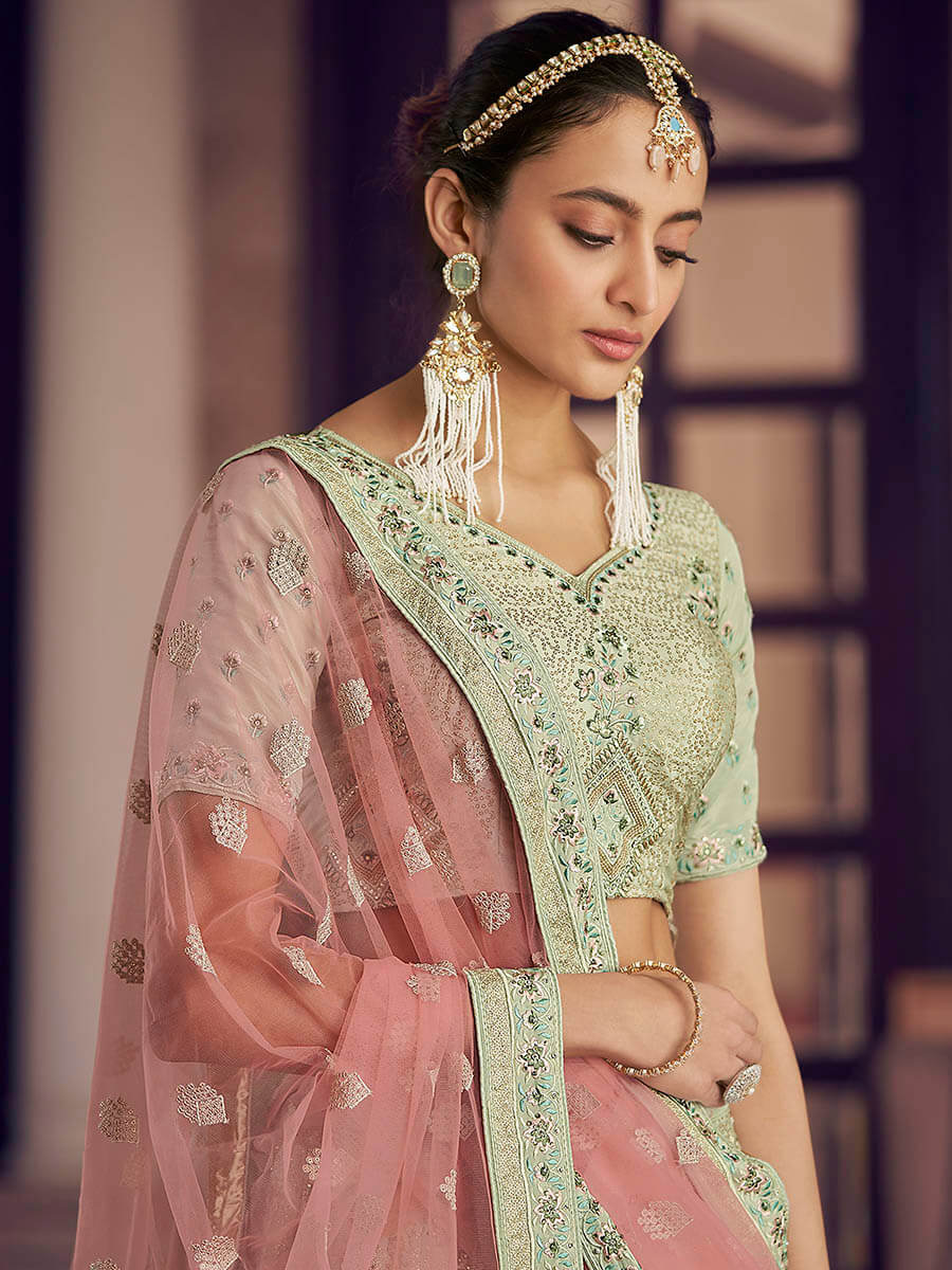 Myra Pista Green Crepe Embroidered Lehenga