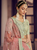 Myra Pista Green Crepe Embroidered Lehenga
