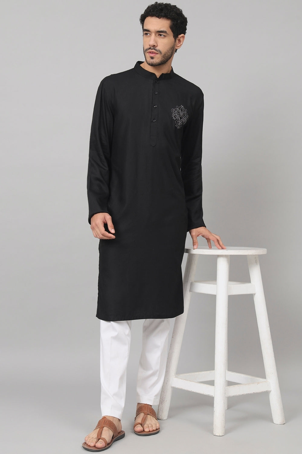 Coal Motif Embroidered Cotton Kurta by Hilo Design