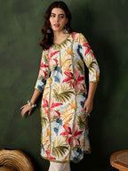 Sangria Floral Printed V-Neck Straight Kurta