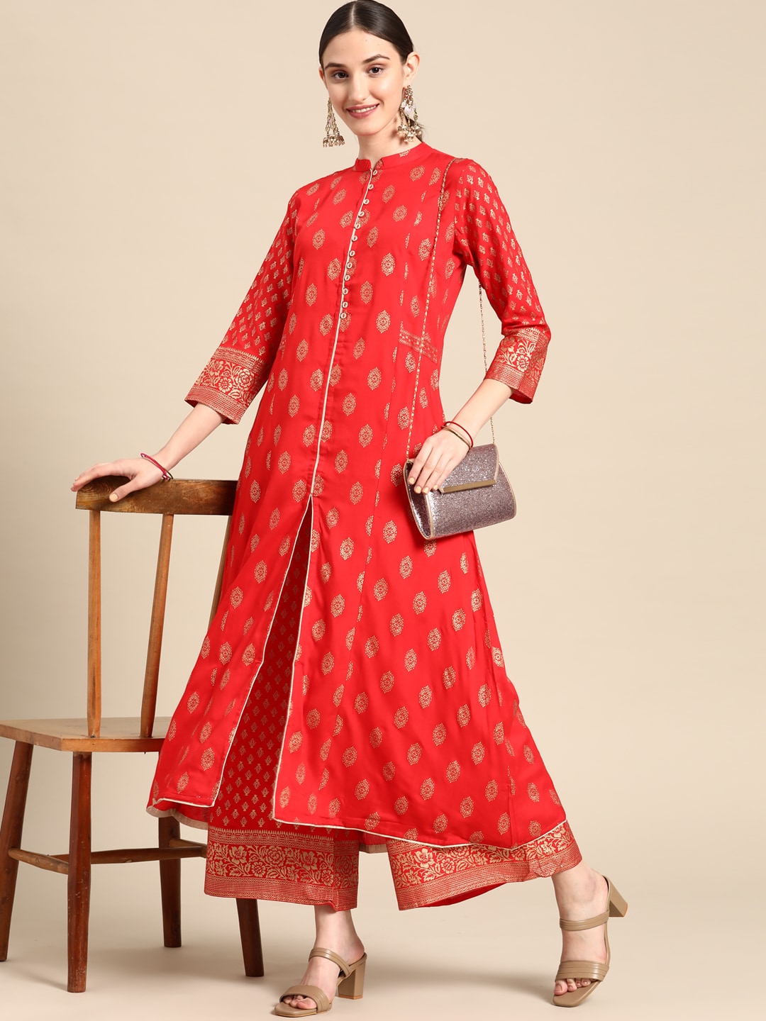 Sangria Women Red Ethnic Motifs Printed Kurta with Palazzos