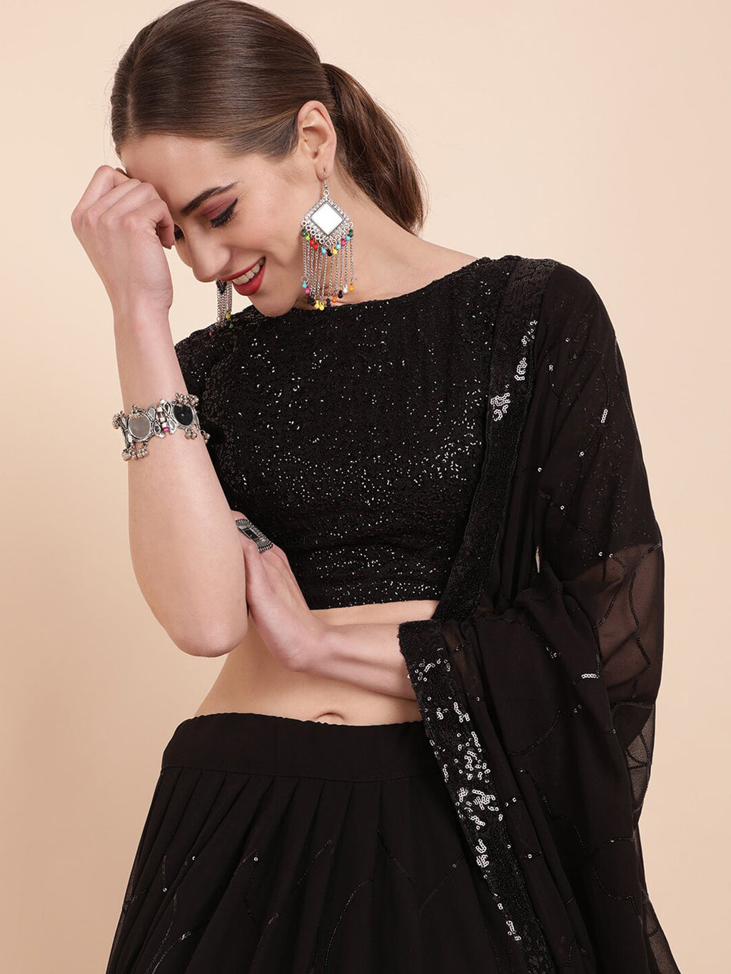 Sangria Black Embellished Sequinned Pure Georgette Lehenga Saree - Distacart