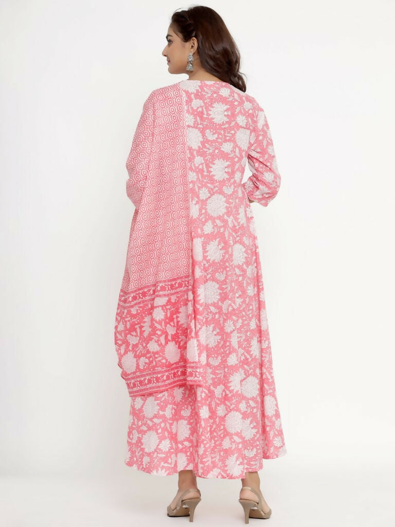 Miravan Women's Cotton Floral Print Anarkali Kurta With Dupatta