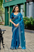 Vastranavya Sea Blue Embroidery Work Shimmer Chiffon Saree with Unstitched Blouse - Distacart