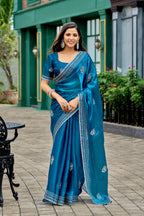Vastranavya Sea Blue Embroidery Work Shimmer Chiffon Saree with Unstitched Blouse - Distacart