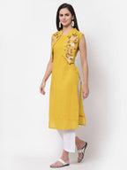 Myshka Women's Rayon Printed 3/4 Sleeve Round Neck Casual Yellow Dress