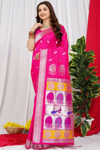 Jyoti Fashion Women's Pink Paithani Silk Zari Woven Saree with Blouse