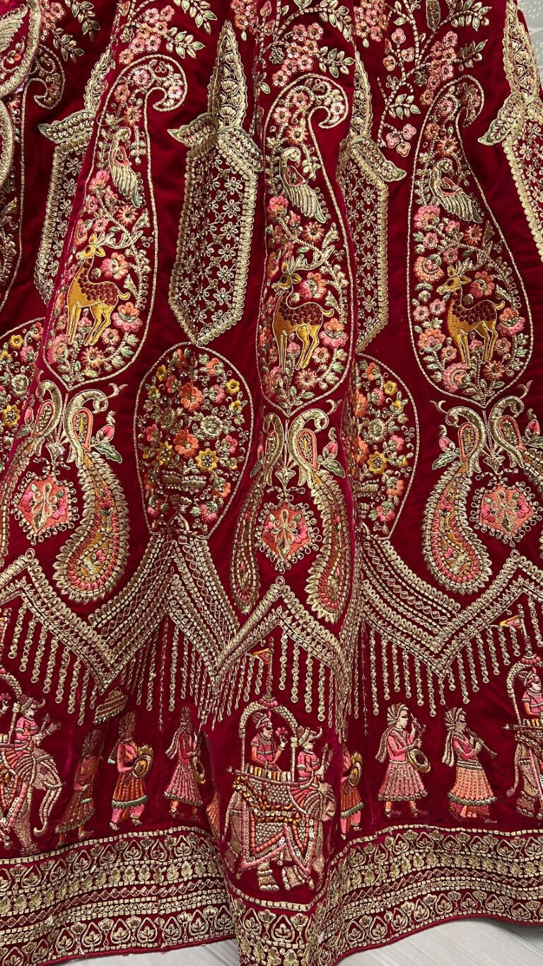 Jyoti Fashion Women's Rani Pink Velvet Multi Thread Embroidered with Zircon Diamond Work Wedding Lehenga Choli