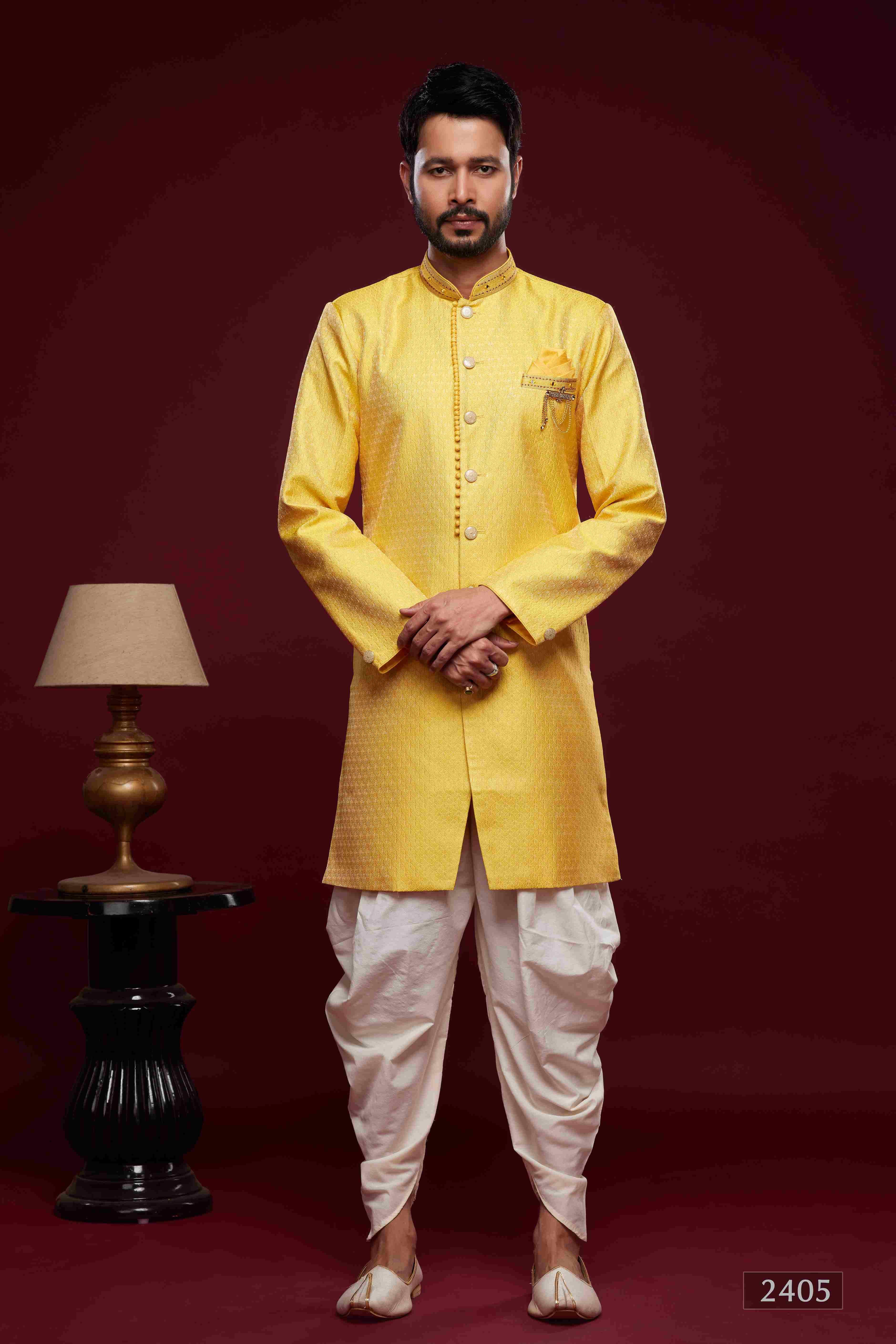 Raivat Ethnic Banarasi Jacquard Embroidery Semi Indo Western Sherwani In Yellow Colour