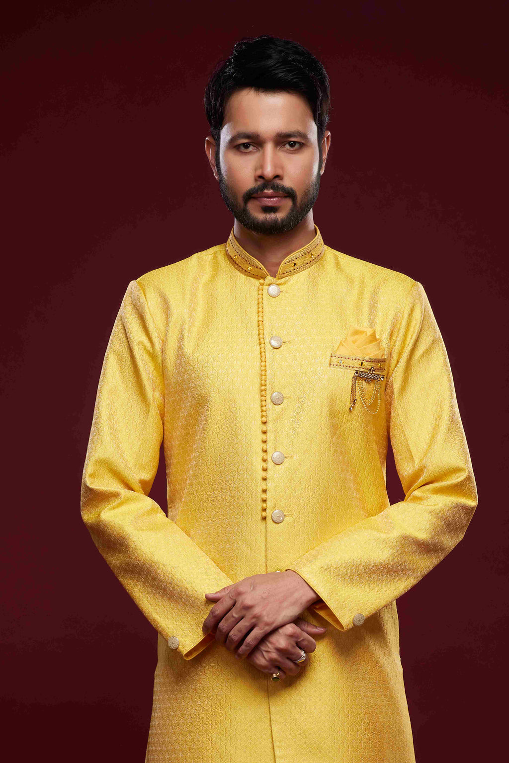 Raivat Ethnic Banarasi Jacquard Embroidery Semi Indo Western Sherwani In Yellow Colour
