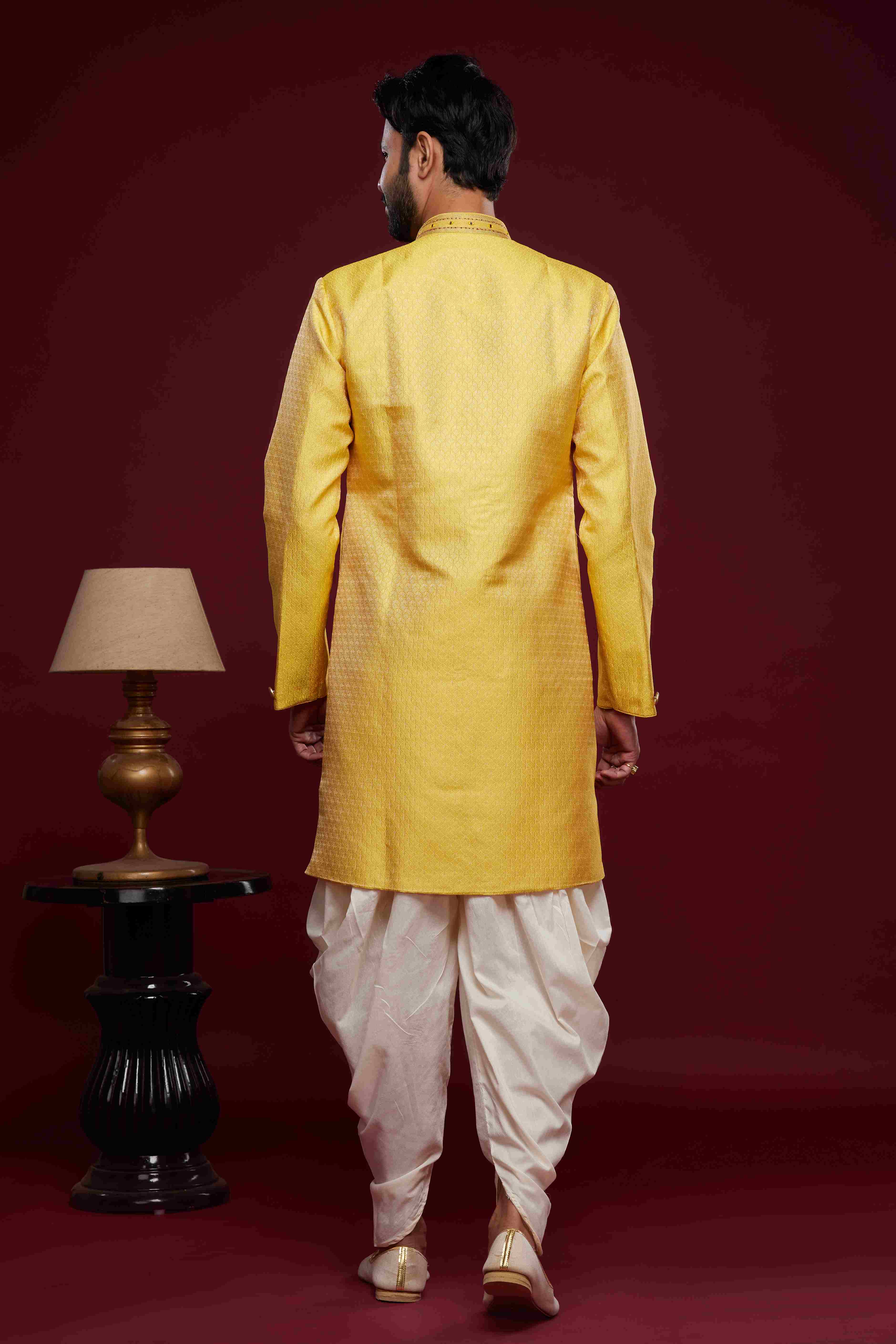 Raivat Ethnic Banarasi Jacquard Embroidery Semi Indo Western Sherwani In Yellow Colour