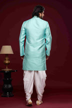 Raivat Ethnic Banarasi Jacquard Embroidery Semi Indo Western Sherwani In Sky Blue Colour