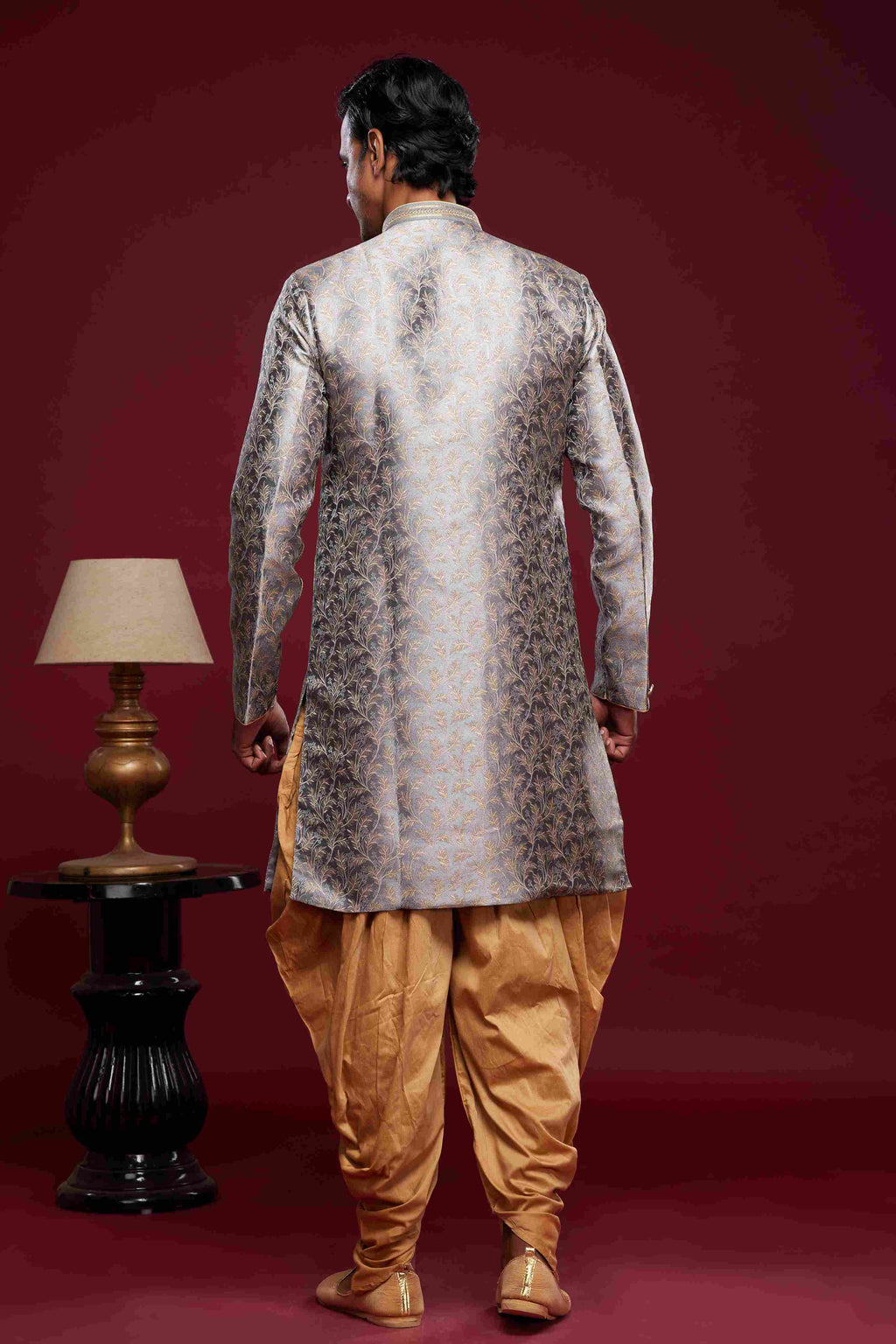 Raivat Ethnic Banarasi Jacquard Embroidery Semi Indo Western Sherwani In Grey Colour