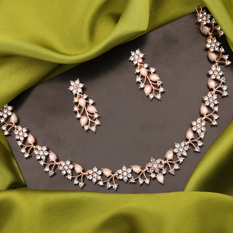Tehzeeb Creations Rose Gold Pleated White Diamond With White Beads Necklace Set