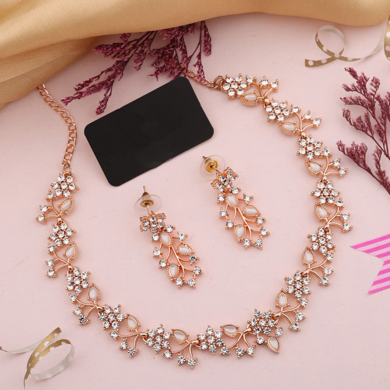 Tehzeeb Creations Rose Gold Pleated White Diamond With White Beads Necklace Set