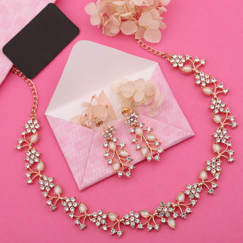 Tehzeeb Creations Rose Gold Pleated White Diamond With White Beads Necklace Set