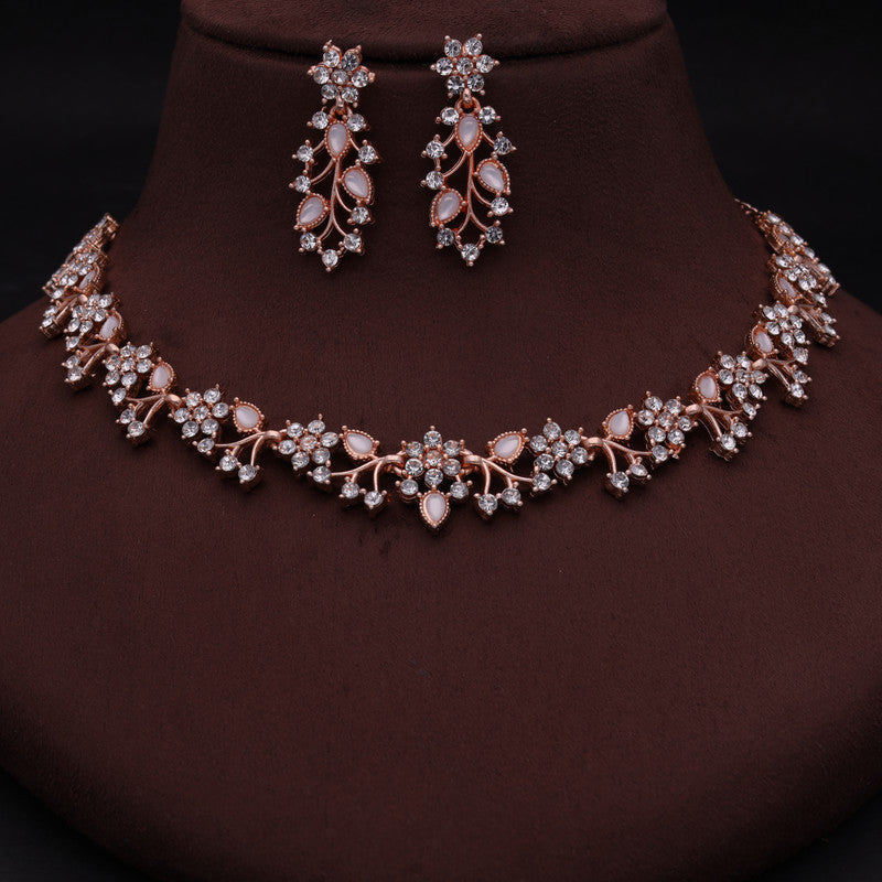 Tehzeeb Creations Rose Gold Pleated White Diamond With White Beads Necklace Set