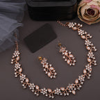 Tehzeeb Creations Rose Gold Pleated White Diamond With White Beads Necklace Set