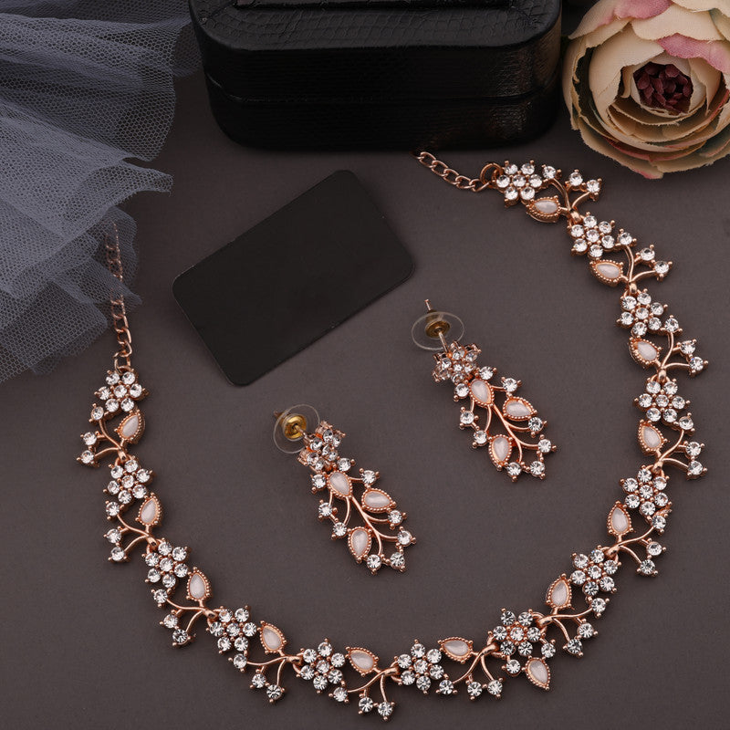 Tehzeeb Creations Rose Gold Pleated White Diamond With White Beads Necklace Set