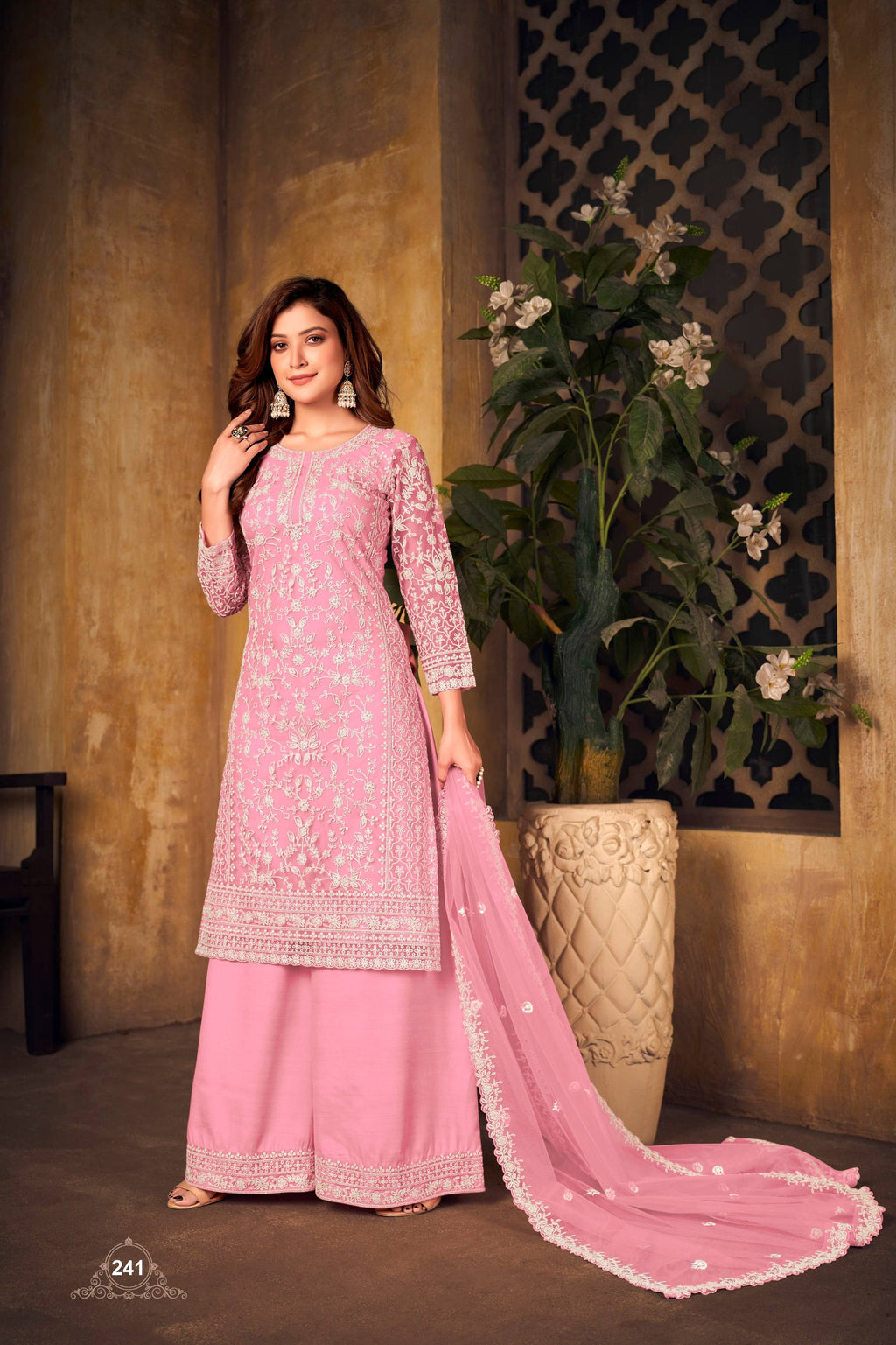 Anaita Pink Embroidered Net Plazzo Suit - Distacart