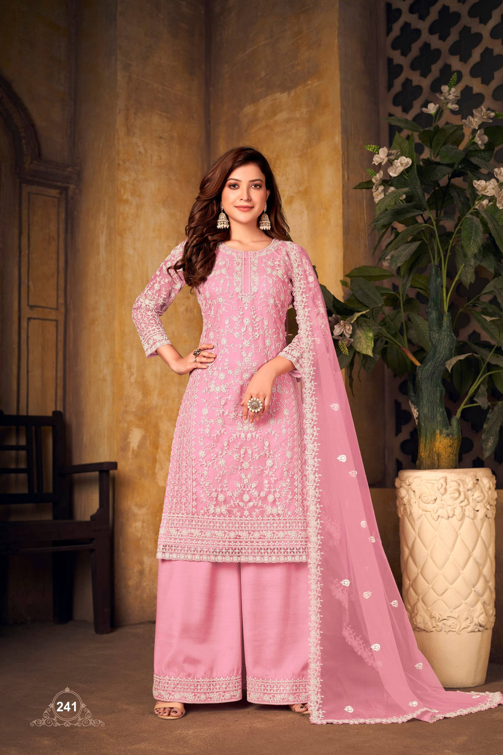 Anaita Pink Embroidered Net Plazzo Suit - Distacart