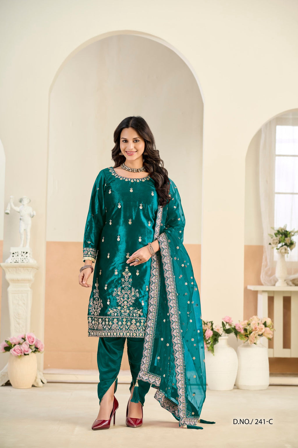 Anaita Teal Blue Ice Velvet Suit With Embroidery Work - Distacart