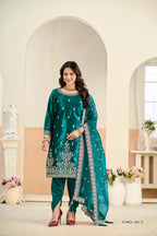 Anaita Teal Blue Ice Velvet Suit With Embroidery Work - Distacart