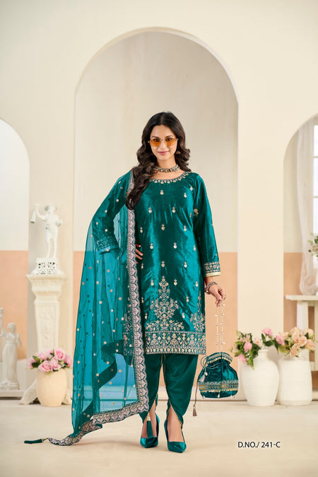 Anaita Teal Blue Ice Velvet Suit With Embroidery Work