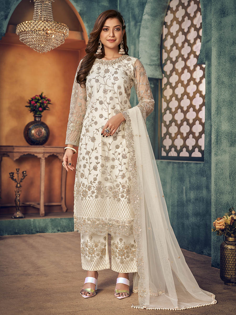 Myra Off White Heavy Embroidered Pant Style Suit
