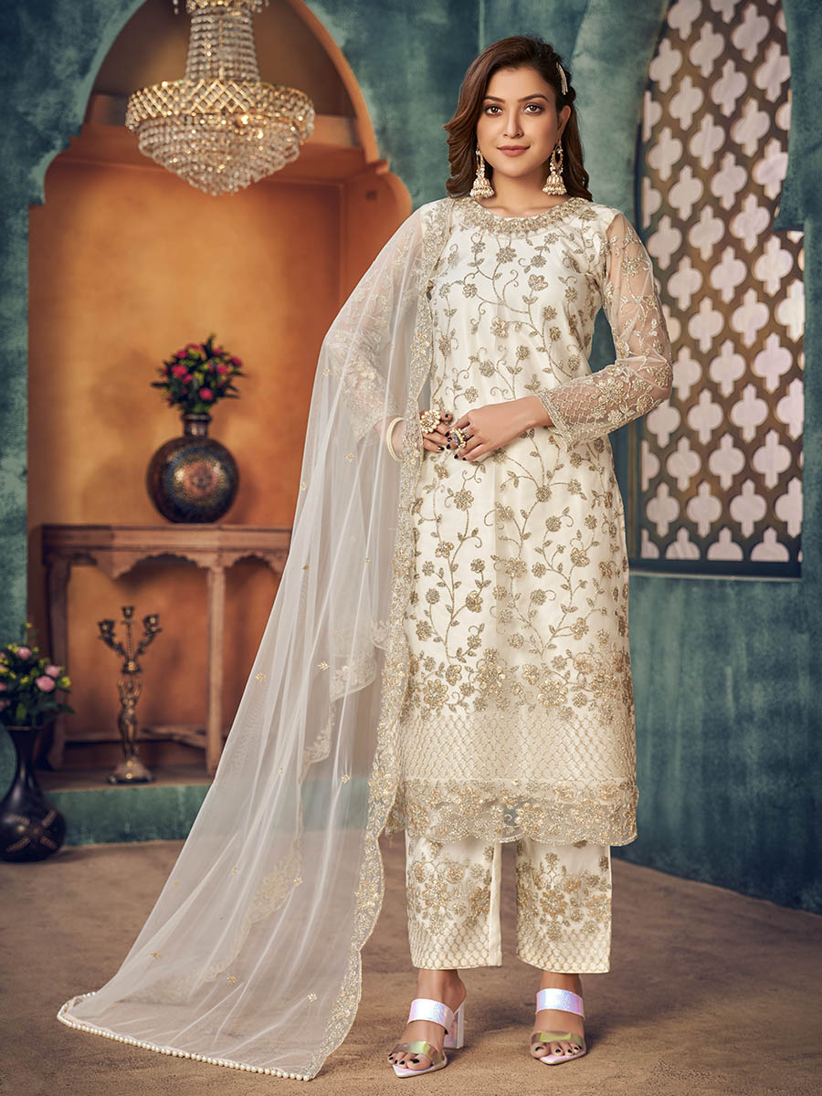 Myra Off White Heavy Embroidered Pant Style Suit