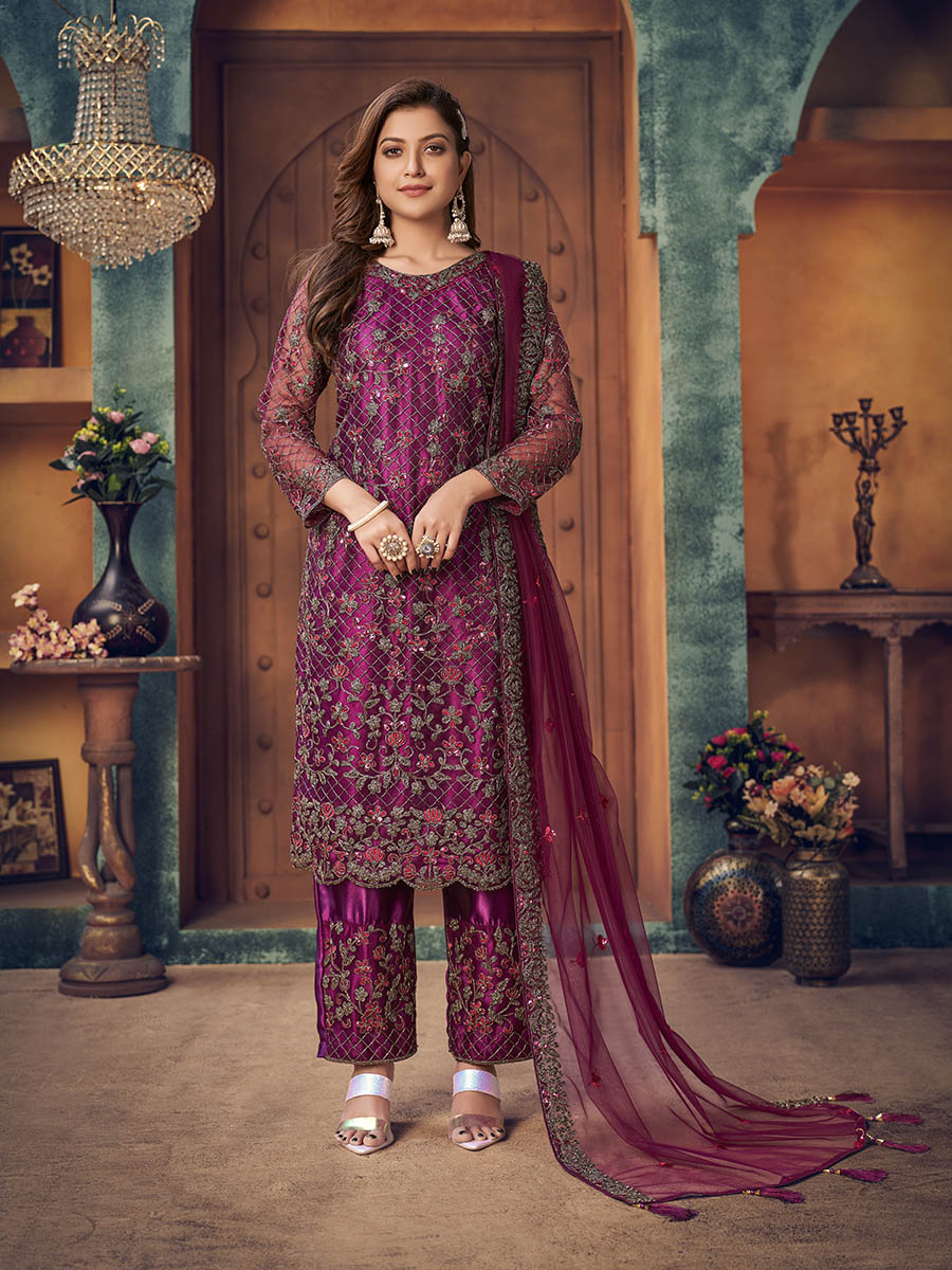 Myra Wine Heavy Embroidered Pant Style Suit