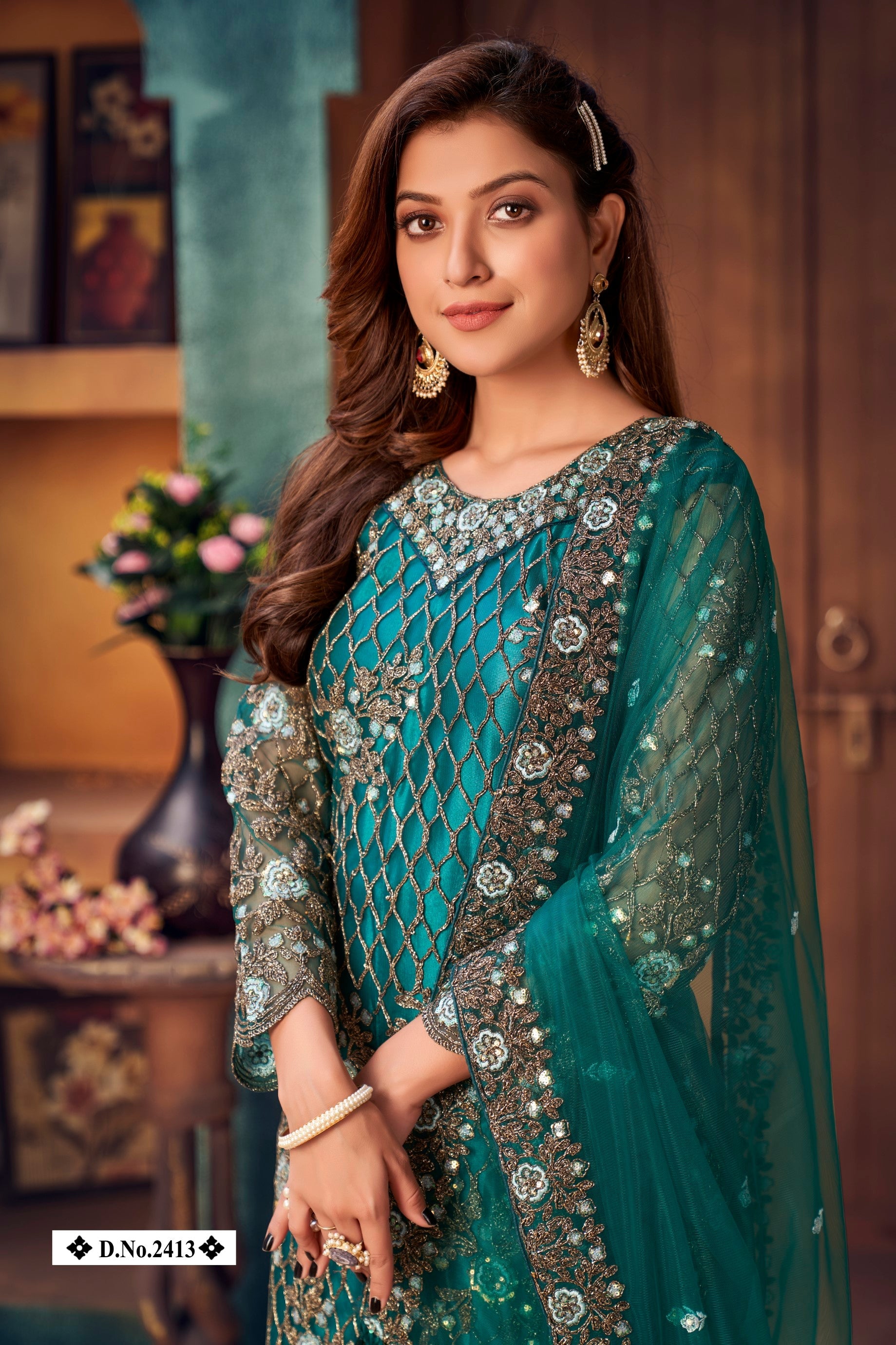 Anaita Teal Embroidered Net Salwar Suit - Distacart