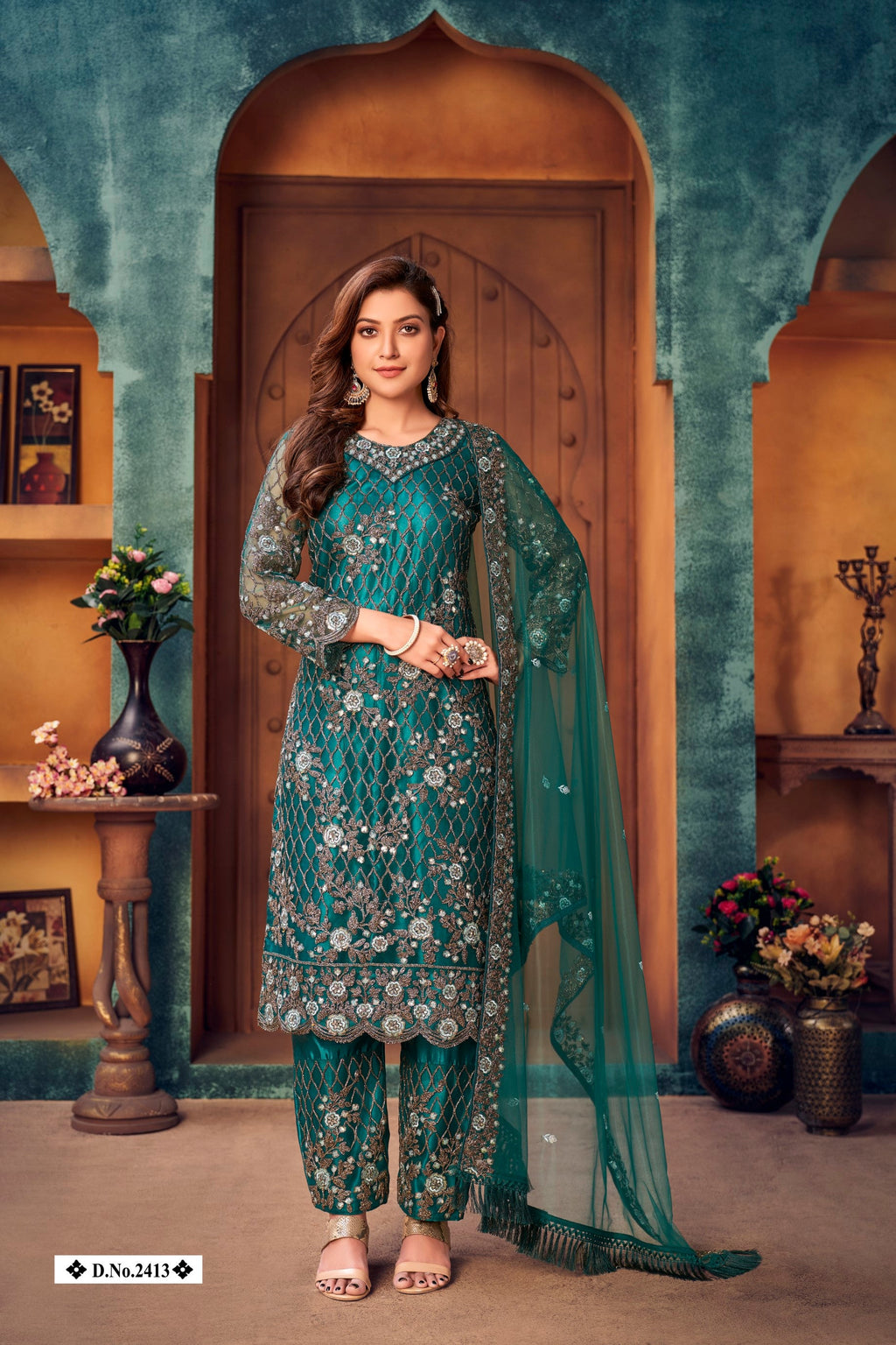 Anaita Teal Embroidered Net Salwar Suit - Distacart