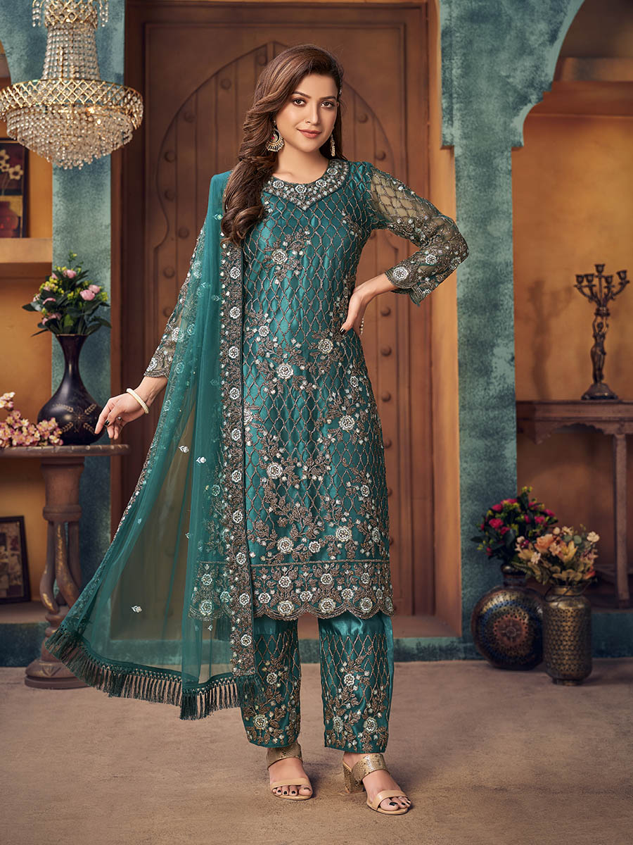 Myra Rama Green Heavy Embroidered Pant Style Suit