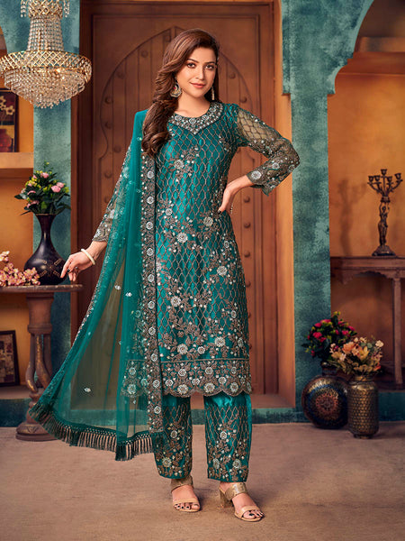 Myra Rama Green Heavy Embroidered Pant Style Suit