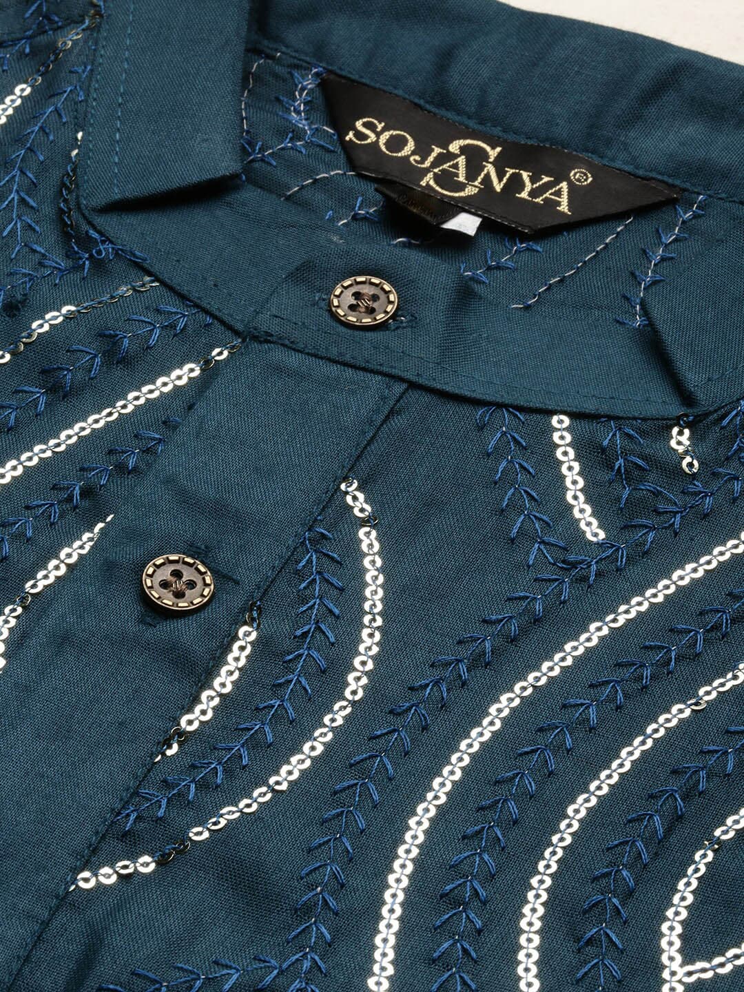 Sojanya Ethnic Motif Embroidered Band Collar Sequinned Pure Cotton Kurta