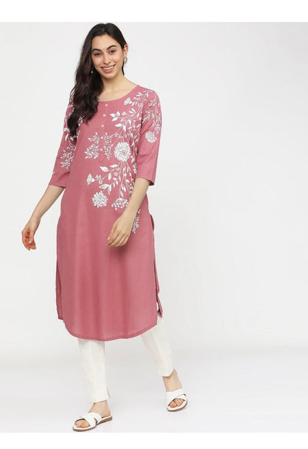 Maai Rayon Hand Printed Kurta Pink