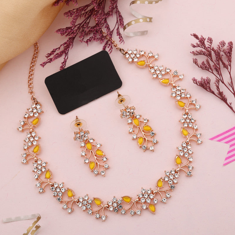 Tehzeeb Creations Rose Gold Pleated White Diamond With Yellow Beads Necklace Set