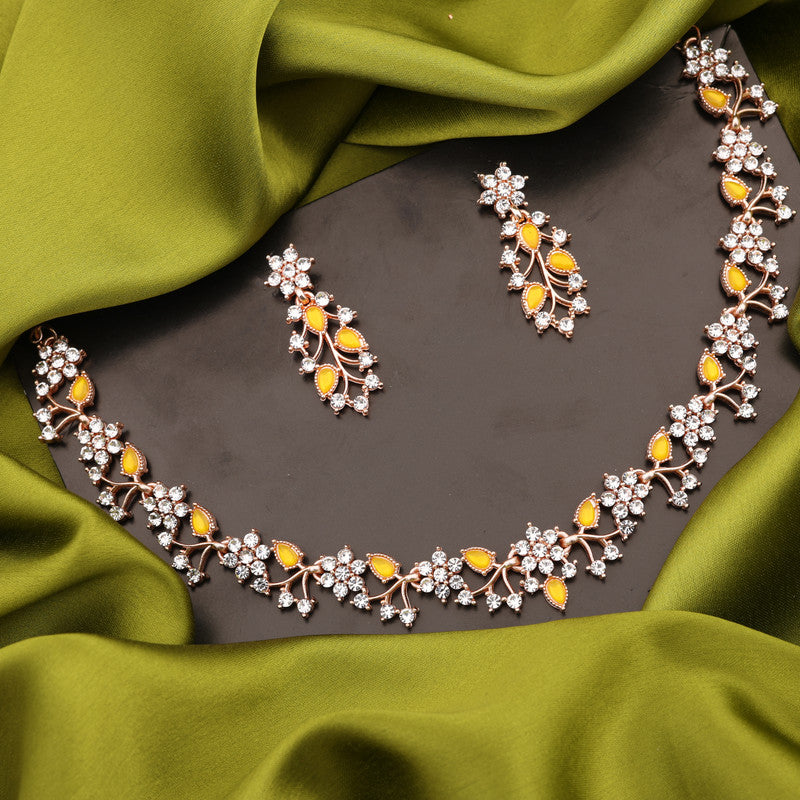 Tehzeeb Creations Rose Gold Pleated White Diamond With Yellow Beads Necklace Set