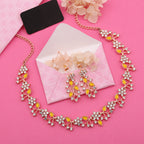 Tehzeeb Creations Rose Gold Pleated White Diamond With Yellow Beads Necklace Set