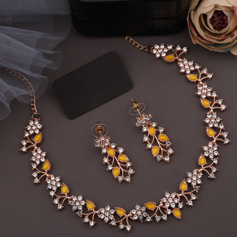 Tehzeeb Creations Rose Gold Pleated White Diamond With Yellow Beads Necklace Set