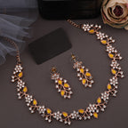 Tehzeeb Creations Rose Gold Pleated White Diamond With Yellow Beads Necklace Set
