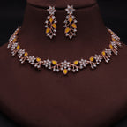 Tehzeeb Creations Rose Gold Pleated White Diamond With Yellow Beads Necklace Set
