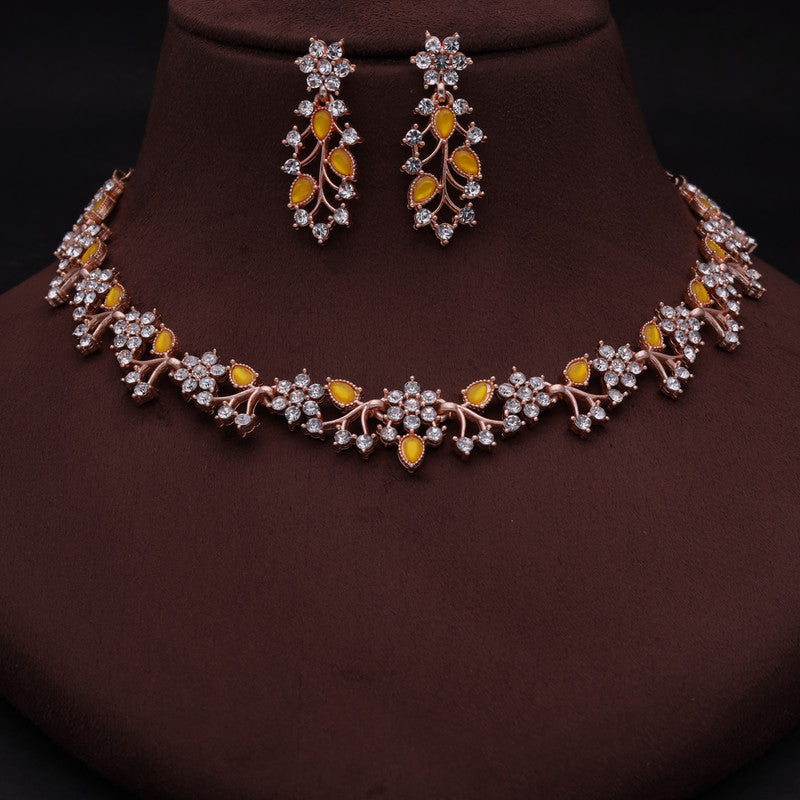 Tehzeeb Creations Rose Gold Pleated White Diamond With Yellow Beads Necklace Set