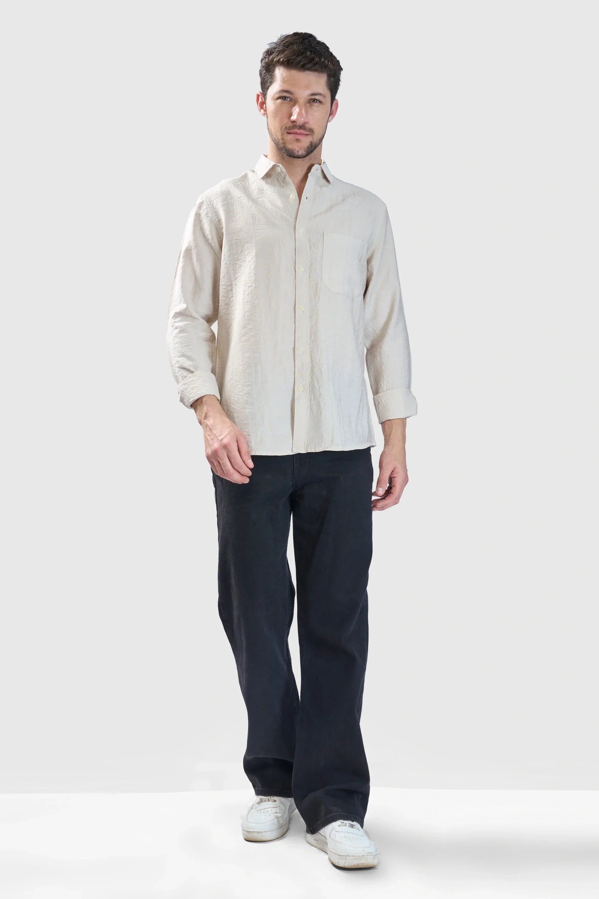 Xkind Beige Crush Wrinkled Look Regular Fit Shirt